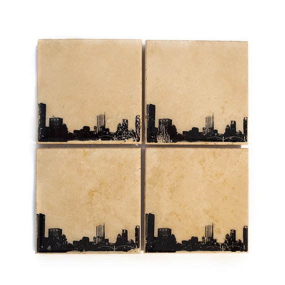 Austin Skyline Coaster Set (4 Stone Coasters, Black & White) Cityscape Home Decor