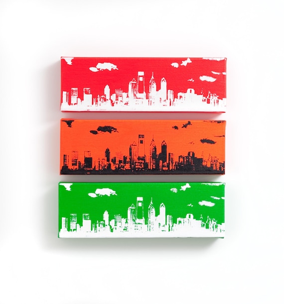 Philadelphia Skyline Canvas: Philly Sports Trio Edition I (12 x 4 inches each) Red, White, Green, Orange, and Black Cityscape Art