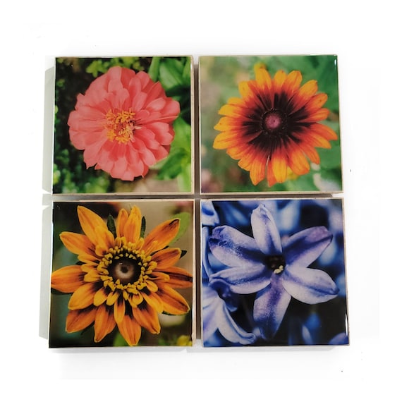Flower Coaster Set Version 2 (4 Stone Coasters) Zinnia, Rudbeckia, Sunflower, & Hyacinth
