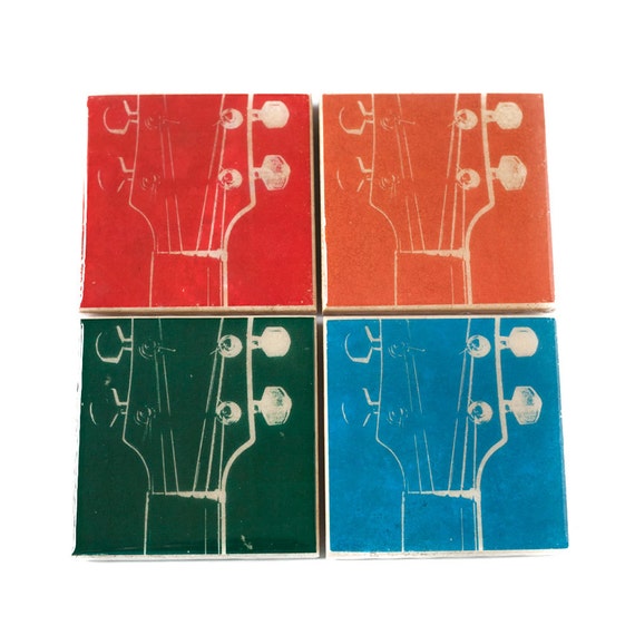 Guitar Coaster Set (4 Stone Coasters, Green, Blue, Orange, Red) Musical Gift, Music Home Decor