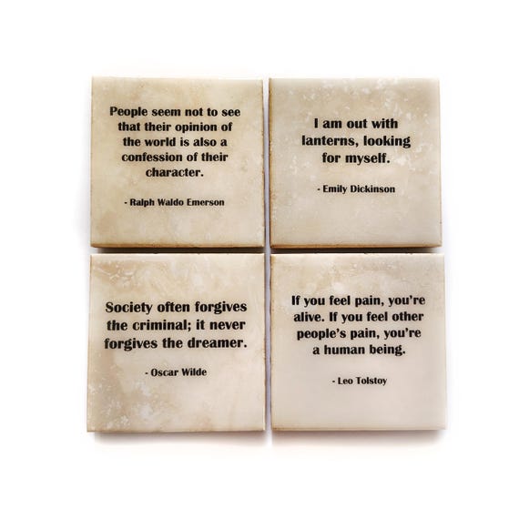 Literature Quote Coaster Set Edition II (4 Stone Coasters) Emerson, Dickinson, Tolstoy, Wilde
