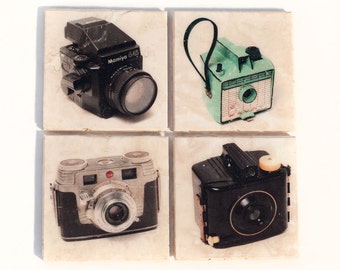 Set di sottobicchieri per fotocamera vintage edizione 1 (set di 4 sottobicchieri in pietra) Regalo per fotografi di vecchie fotocamere