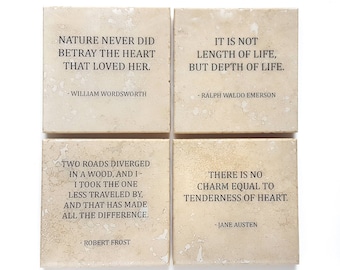Set di sottobicchieri con citazione letteraria (4 sottobicchieri in pietra) Austen, Emerson, Frost e Wordsworth