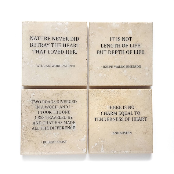 Literature Quote Coaster Set (4 Stone Coasters) Austen, Emerson, Frost, & Wordsworth