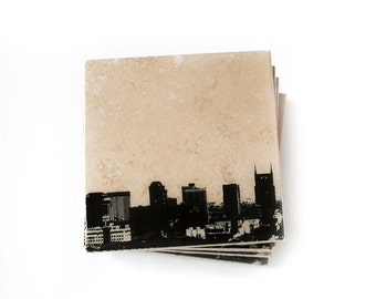 Nashville Skyline Coaster Set (4 Stone Coasters, Black & White) Cityscape Home Decor