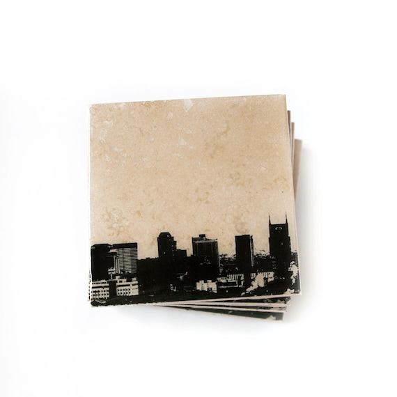 Nashville Skyline Coaster Set (4 Stone Coasters, Black & White) Cityscape Home Decor