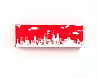 Philadelphia Skyline Canvas (12 x 4 inches, Red with White) Philly Cityscape Screen Print & Painting Wall Art