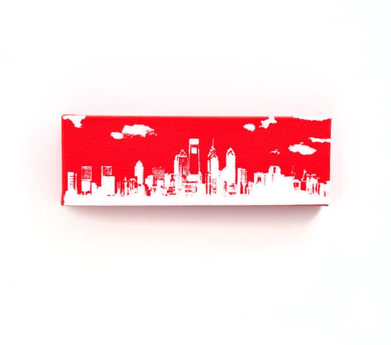 Philadelphia Skyline Canvas (12 x 4 inches, Red with White) Philly Cityscape Screen Print & Painting Wall Art