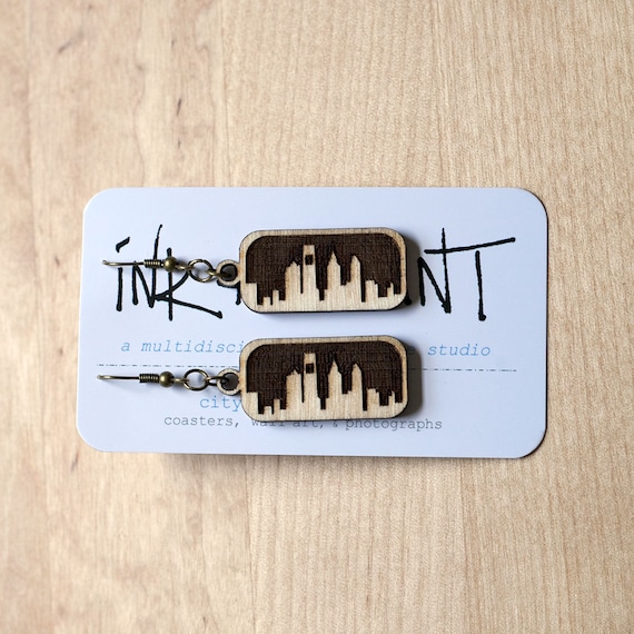 Philly Skyline Earrings (Laser Cut Wood) Philadelphia Cityscape Jewelry - Gift for Her