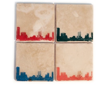 Austin Skyline Coaster Set (4 Stone Coasters, Orange, Green, Blue, & Red) Cityscape Home Decor