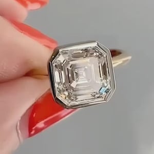 3 CT Asscher Cut Moissanite Engagement Ring Bezel Set Solitaire Wedding Ring Asscher Promise Ring 14K Solid Gold Ring Anniversary Gift Ring