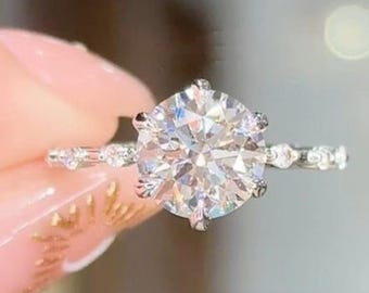 Anillo de compromiso de moissanita de corte redondo de 3 quilates, engaste de garra de loto, banda de burbuja flotante, anillo de oro macizo de 14 quilates con garra de pétalo y engaste de tulipán redondo.