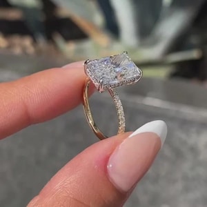 5 Ct Radiant Cut Moissanite Ring Radiant Engagement Ring 14K White Gold Bridal Pave and Hidden Halo Wedding Ring For Her Classic Prong Ring