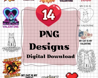 Valentine Cat PNG Bundle, 14 Love-Themed Feline Designs, Printable Digital Download