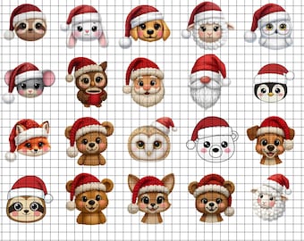 26 Christmas Animal Faces PNG Bundle – Transparent Clipart – Instant Download
