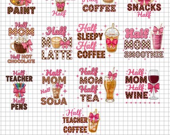 Mom Life Drinks PNG Bundle - Half Coffee Half Wine & More | 14 Designs