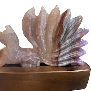 Amethyst Agate Nine Tails Fox carving with  wooden stand
