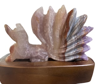 Amethyst Agate Nine Tails Fox carving with  wooden stand
