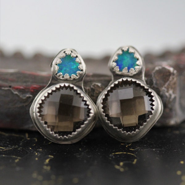Smoked Topaz Earrings Australian Opal Earrings Sterling Silver Stud Green Brown Jewelry November October Birthstone Gemstone Jewelry Women