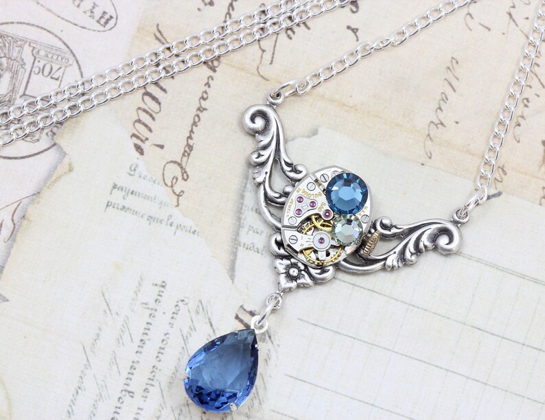 Steampunk Jewelry Steam Punk Necklace Clockwork Navy Montana Blue Handmade by Inspired by Elizabeth image 3