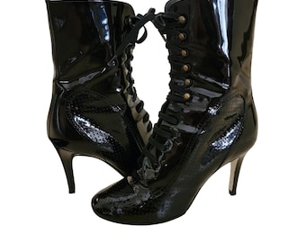 Chanel Vintage 2007 Patent Leather Lace-Up Black Ankle Heels 37.5 US 7