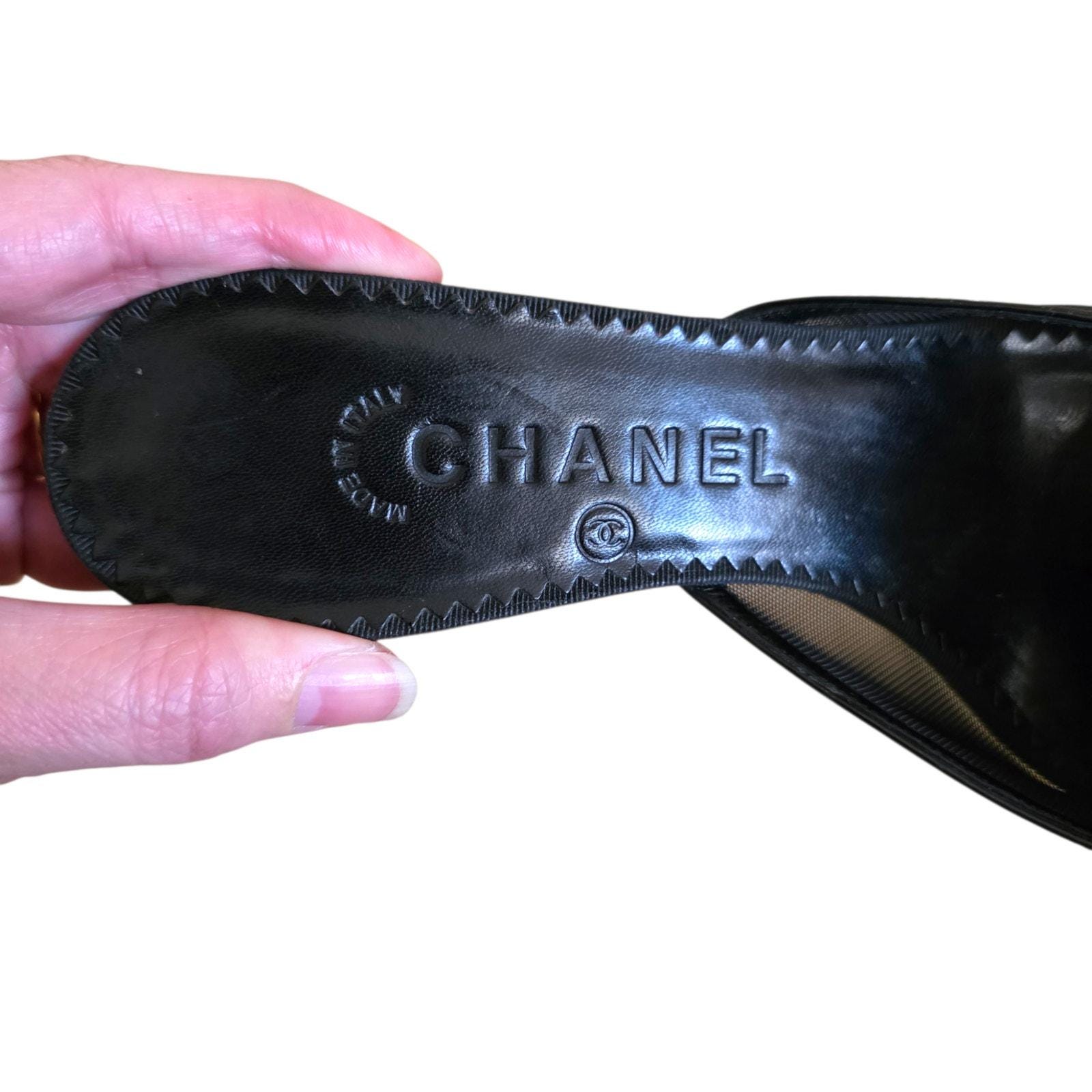 Chanel Vintage 2007 Camellia CC Logo Black Mesh Leather Mule Heels 