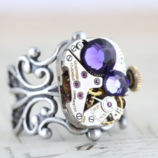 Steampunk Ring Steam Punk Jewelry - Vintage Clockwork Ring - Purple Velvet Tanzonite Swarovski Crystal