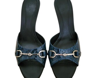 Gucci Vintage Horsebit GG Logo Blue Black Leather Mule Heels 37.5