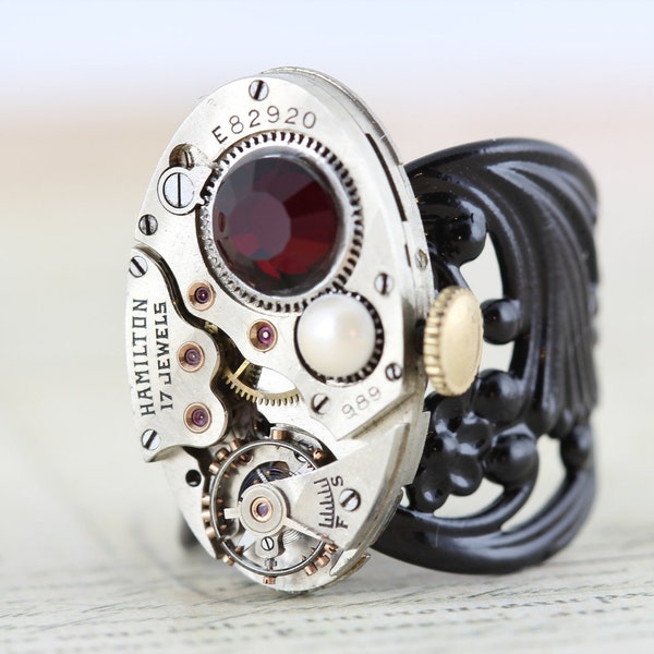 Steampunk Ring - Steam Punk Jewelry -  Clockwork Couture Industrial Red Garnet Black  -  Handmade by Inspired by Elizabeth