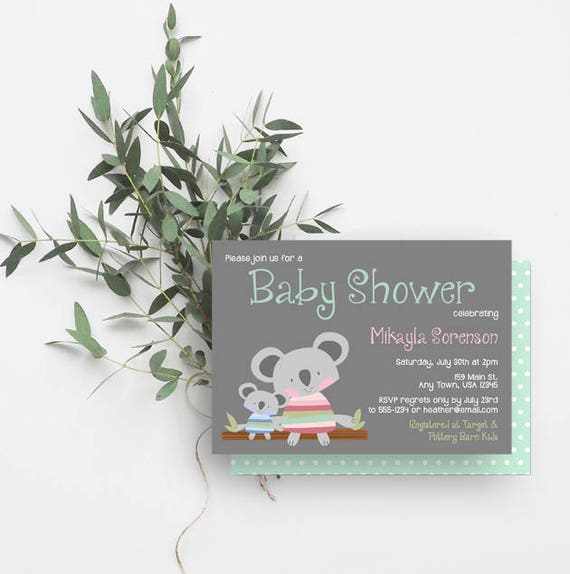 Koala Baby Shower Invitation Boy Baby Shower Cuddly Koalas Gray