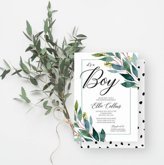 It S A Boy Baby Shower Invitation Watercolor Leaves