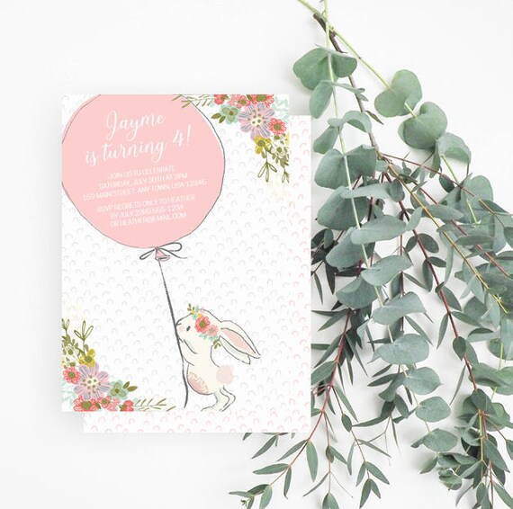 Zaproszenie Na Urodziny Bunny Balony Boho Kwiaty Króliki Etsy
