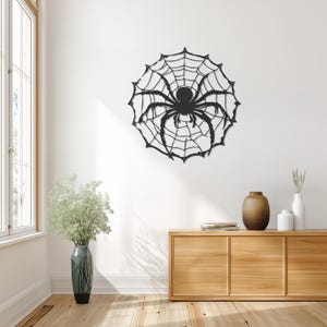Spider Web Metal Wall Art with Creepy Spider Silhouette – Halloween Decor, Gothic Home Accent, Spooky Gift for Horror and Insect Lovers