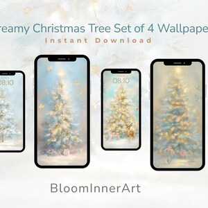May include: Four smartphones displaying a dreamy Christmas tree wallpaper set against a light blue background. The text "Dreamy Christmas Tree Set of 4 Wallpaper" and "Instant Download" are at the top. The time 08:10 is displayed on two of the phones.