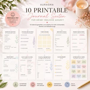 May include: A set of 10 printable journal pages featuring titles like Morning Routine, Evening Reflection, Vision Board, Monthly Goals, Weekly Reflection, Meditation, Self Care Planner, To-Do & Prioritäten, Dankbarkeit, and Affirmation Cards.