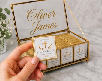 Personalized Baptism Chocolate Box, Gold Glass Favor Box, Custom Christening Favors, Baptism Party Gift Decor