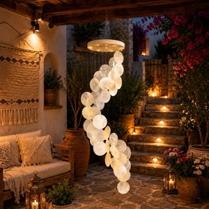 May include: A circular hanging light fixture featuring a spiral arrangement of numerous translucent, circular discs suspended from a round base. The discs are illuminated from within, creating a soft, glowing effect that cascades downward in a spiral pattern.