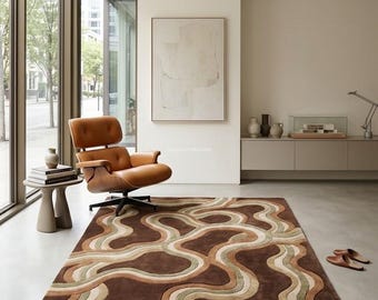 Mid Century Modern Wool Area Rug Abstract Wave Hand Tufted Carpet for Living Room Bedroom Scandinavian Decor