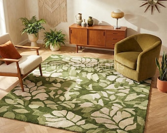 Alfombra de hojas verdes hecha a mano con mechones de lana inspirados en la naturaleza botánica para sala de estar, dormitorio y salón. Decoración del hogar.