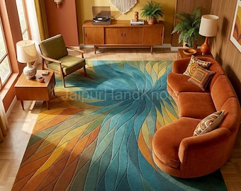 Abstract Wave Tufted Area Rug, Earth Tone Mid-Century Modern Carpet