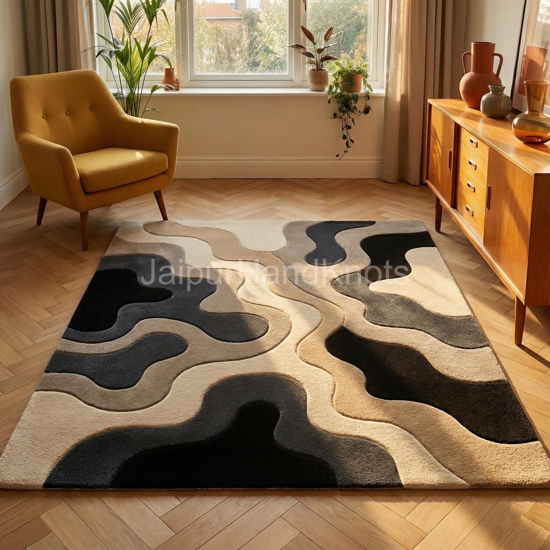 Minimalist Rug Pattern Minimalist Abstract Rug Modern Wavy Design Tufted Area Mat Neutral ...