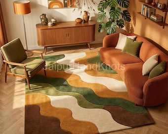 Retro Abstract Wavy Area Carpet with Wave Pattern in Warm Earth Tones Mid-Century Modern Statement Rug for Living Room and Bedroom Décor