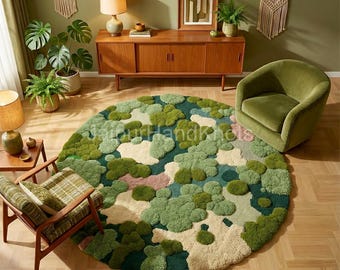 Forest Mossy Floor Rug – Green Moss Tufted Area Rug, Moss Texture Woven Carpet for Living Room, Entryway, Garden Room Decor