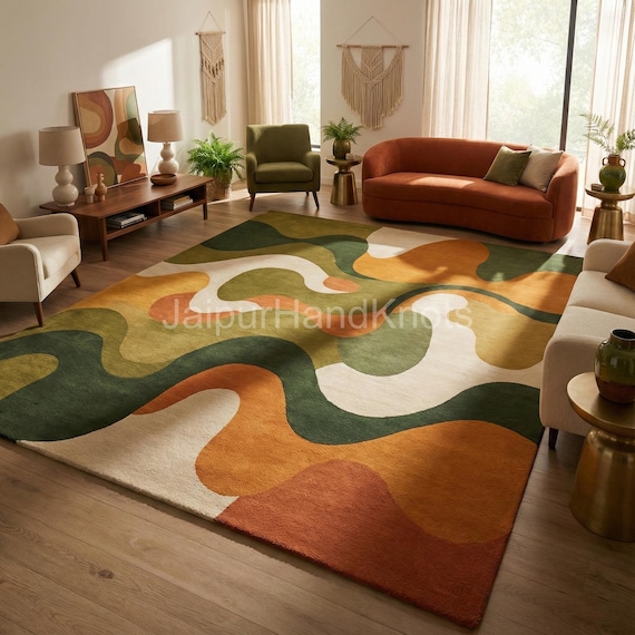 Retro Modern Area Carpet 70s Style Abstract Wave Rug, Mid Century Living Room Rug with Earth Tone Colors home decor