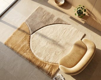 Modern wollen vloerkleed uit het midden van de eeuw, abstract handgetuft neutraal tapijt voor woonkamer, slaapkamer en Japandi Decor