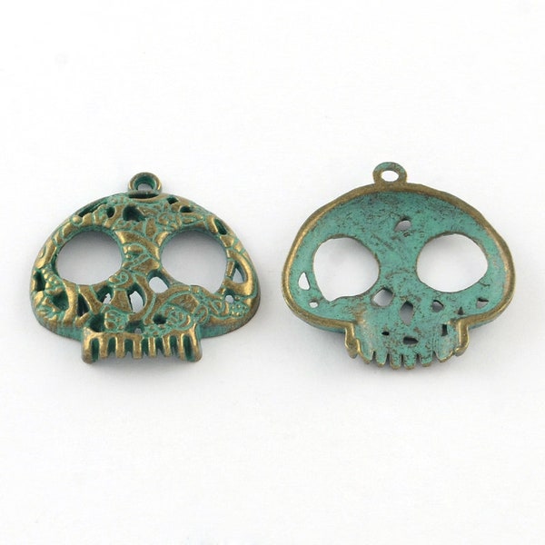 Skull Pendant Antiqued Bronze Sugar Skull Pendant Calavera Pendant Day of the Dead Skull Pendant Verdigris Patina Skull
