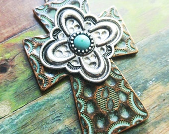 Large Cross Pendant Antiqued Copper Silver Cross Charm Turquoise Charm Vintage Style Focal Pendant Religious Charm Hammered Cross 2 7/16" PR