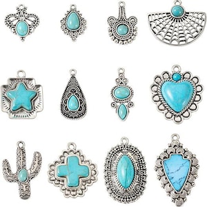 May include: Set of 12 turquoise and silver charm pendants. The charms feature various designs, including a star, heart, cross, and cactus. The charms are perfect for adding a touch of southwestern style to jewelry projects.