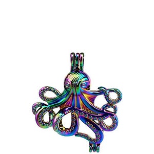 May include: A pendant in the shape of an octopus, featuring a vibrant iridescent finish with hues of blue, green, purple, and gold. The octopus design has detailed tentacles and a loop for a chain.
