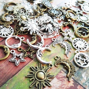 Sun Charms Sunshine Charms Moon Charms Star Charms Celestial Charms Sun Pendants Assorted Charms Set Antiqued Silver Bronze 10pcs